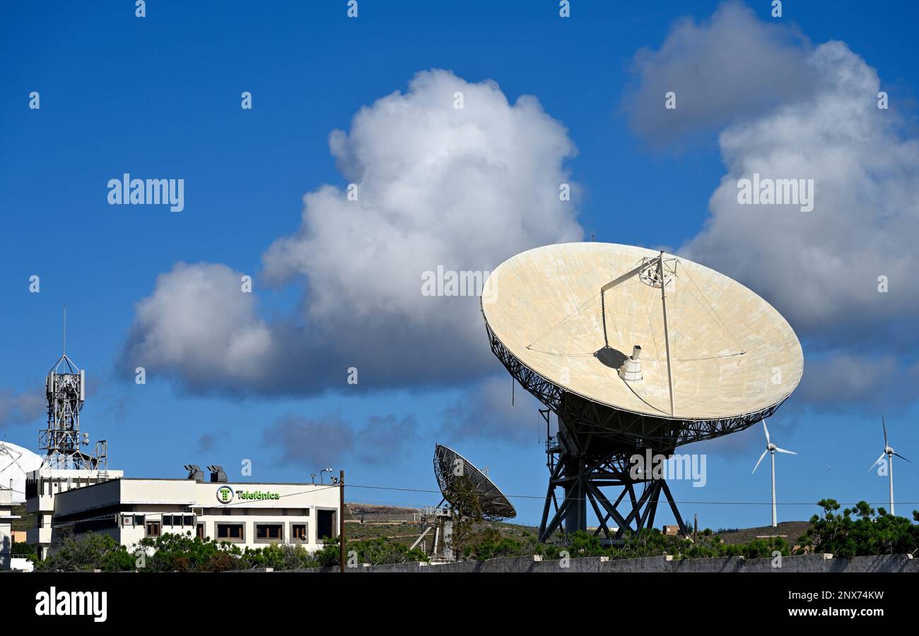 Parabolic satellite telecommunications antenna dish, Aguimes, Gran Canaria operated by Telefonica Stock Photo