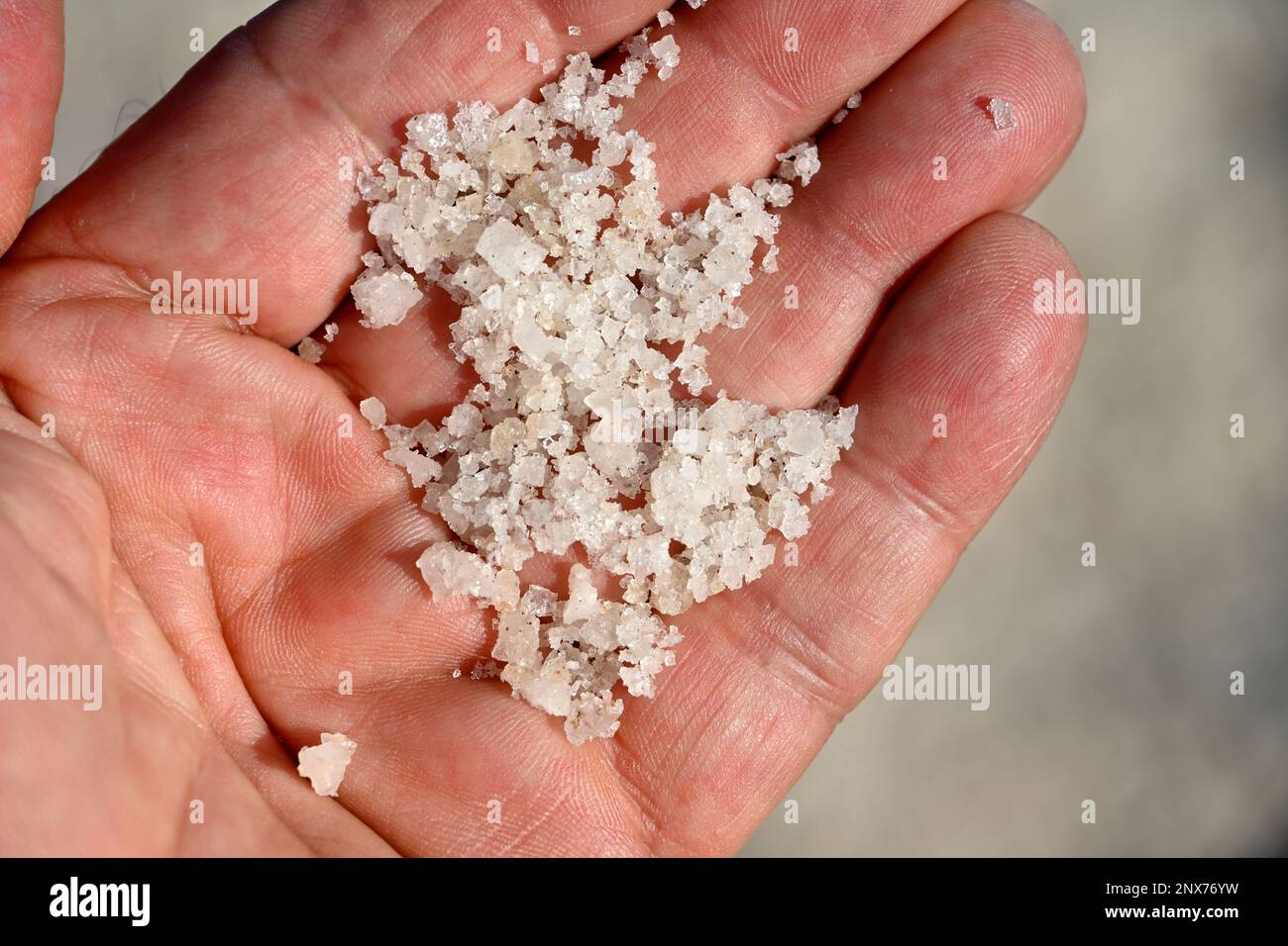 Crystals of traditionally produced sea salt from salt pans held in hand