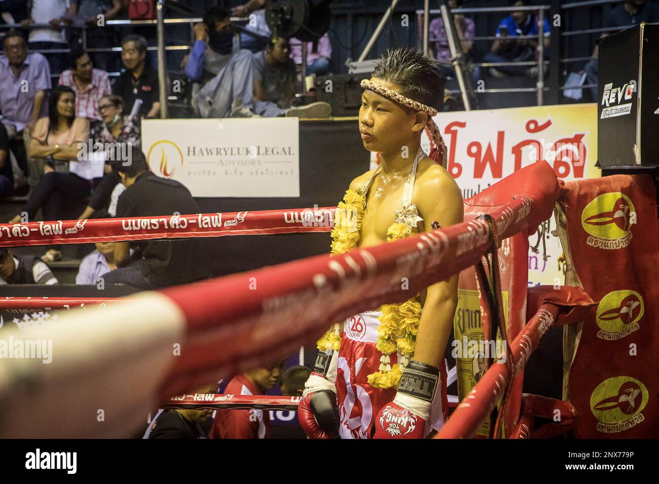 Presentation of the fight. Muay Thai fighter going through pre-fight ritual, Thailand Stock Photo