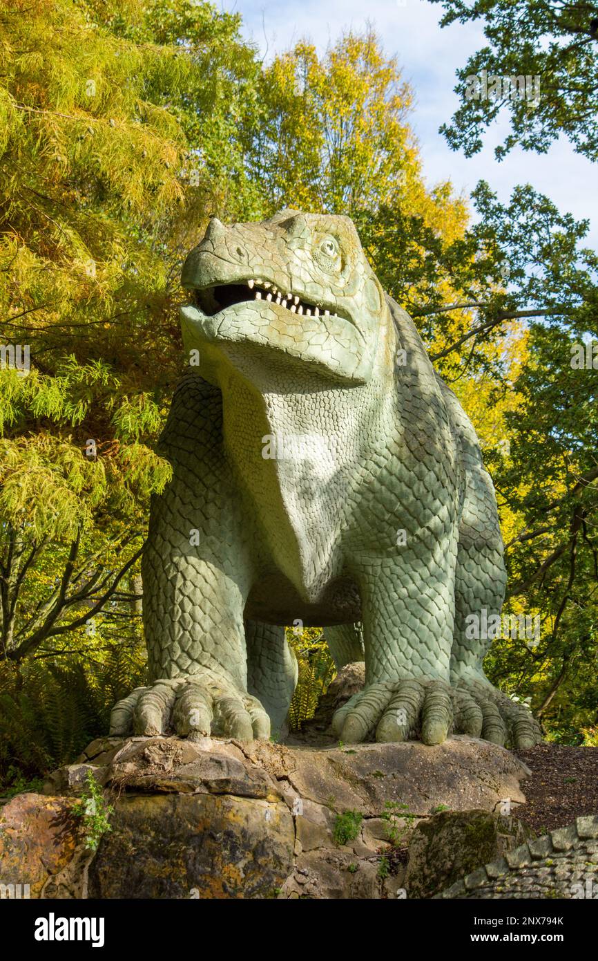 Iguanodon dinosaur model at Crystal Palace Park. The first dinosaur