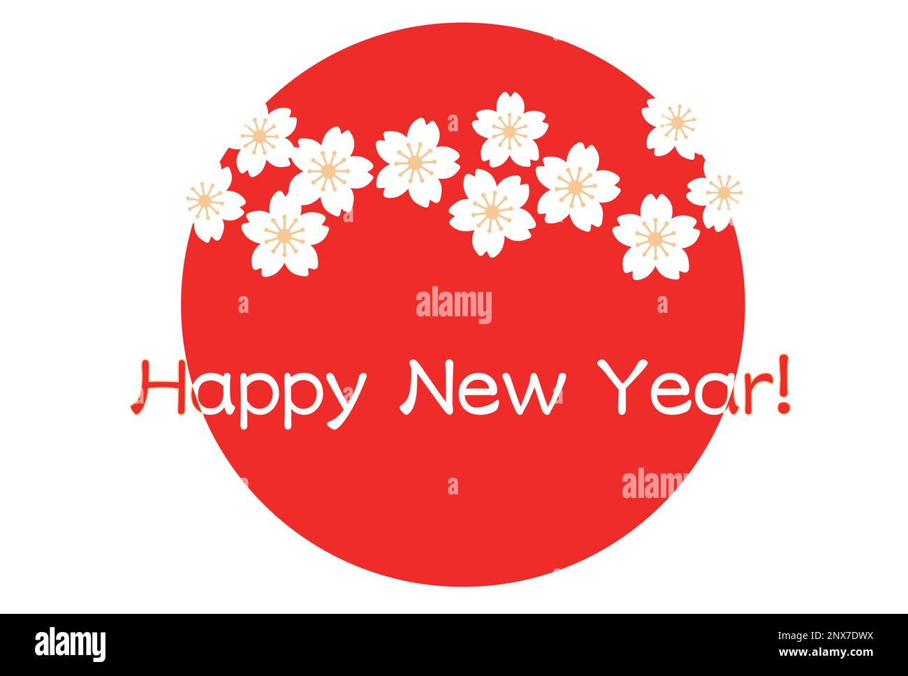 New Year’s card template with a rising sun and cherry blossoms. Vector illustration. Stock Vector