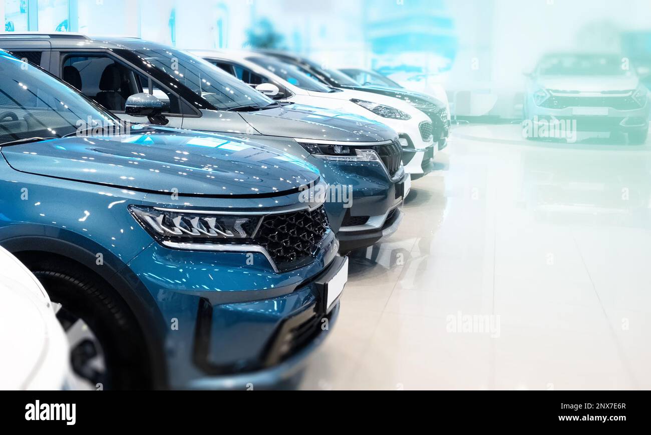 New cars in a car dealership for sale Stock Photo Alamy