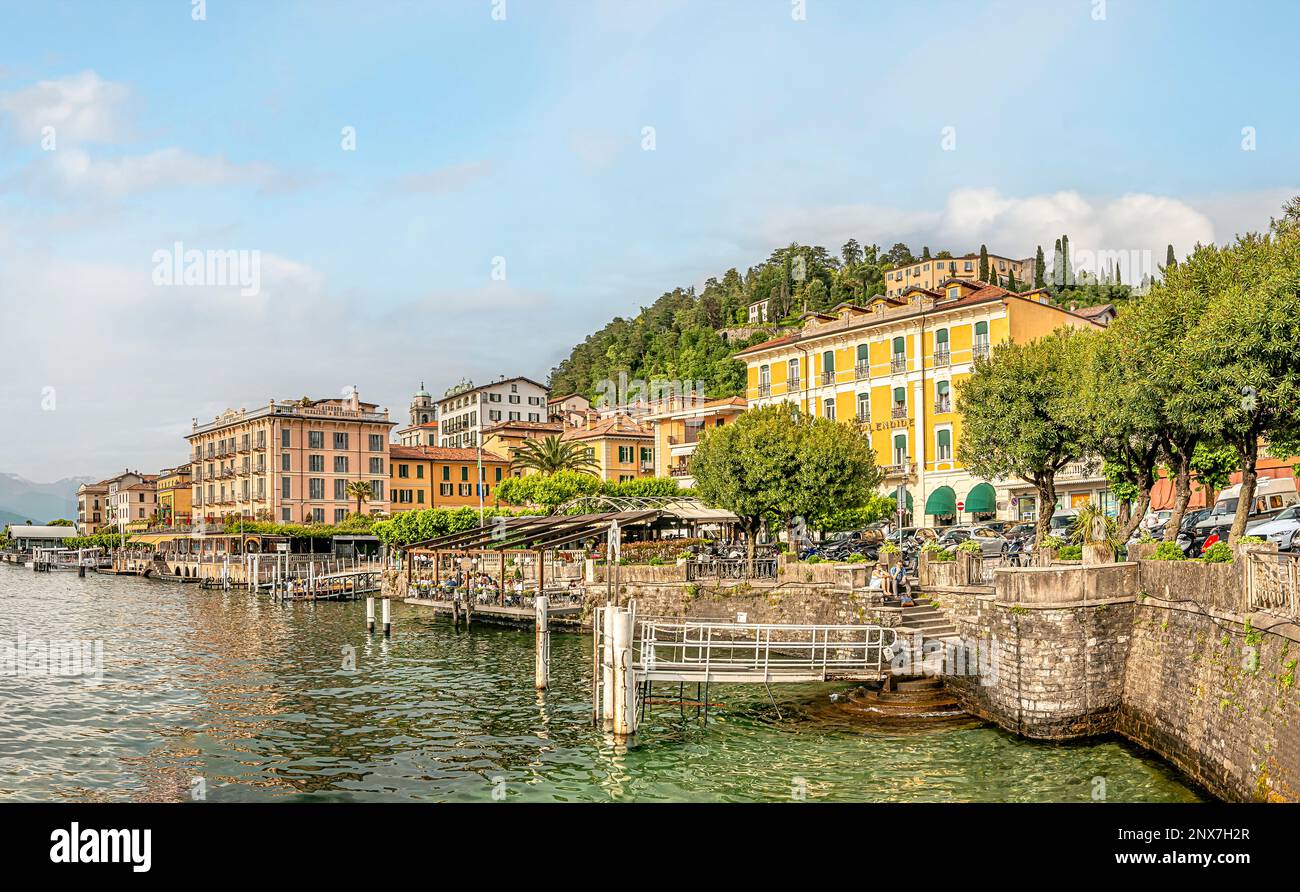 Waterfront of Bellagio at Lake Como seen from the lakeside, Lombardy, Italy | Aussicht auf die Seepromenade von Bellagio am Lago di Como von der Seese Stock Photo