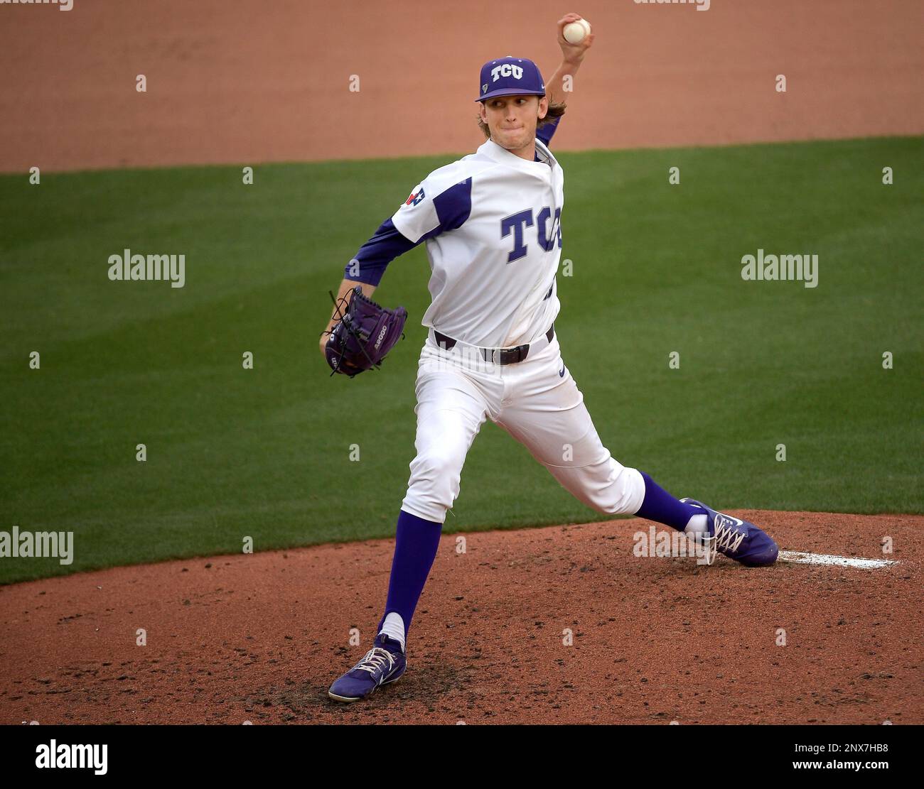 TCU pitcher Nick Lodolo throws to a Lamar batter during a college