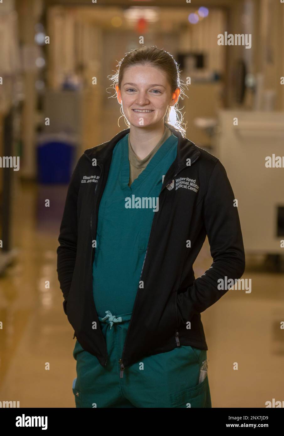 U.S. Army 2nd Lt. Elissa Mack a pediatric nurse from Valparaiso, Indiana, assigned to Walter Reed National Military Medical Center (WRNMMC) poses for a photo at WRNMMC Bethesda, Maryland, Jan 12, 2023. (DOD photo by Ricardo J. Reyes) Stock Photo
