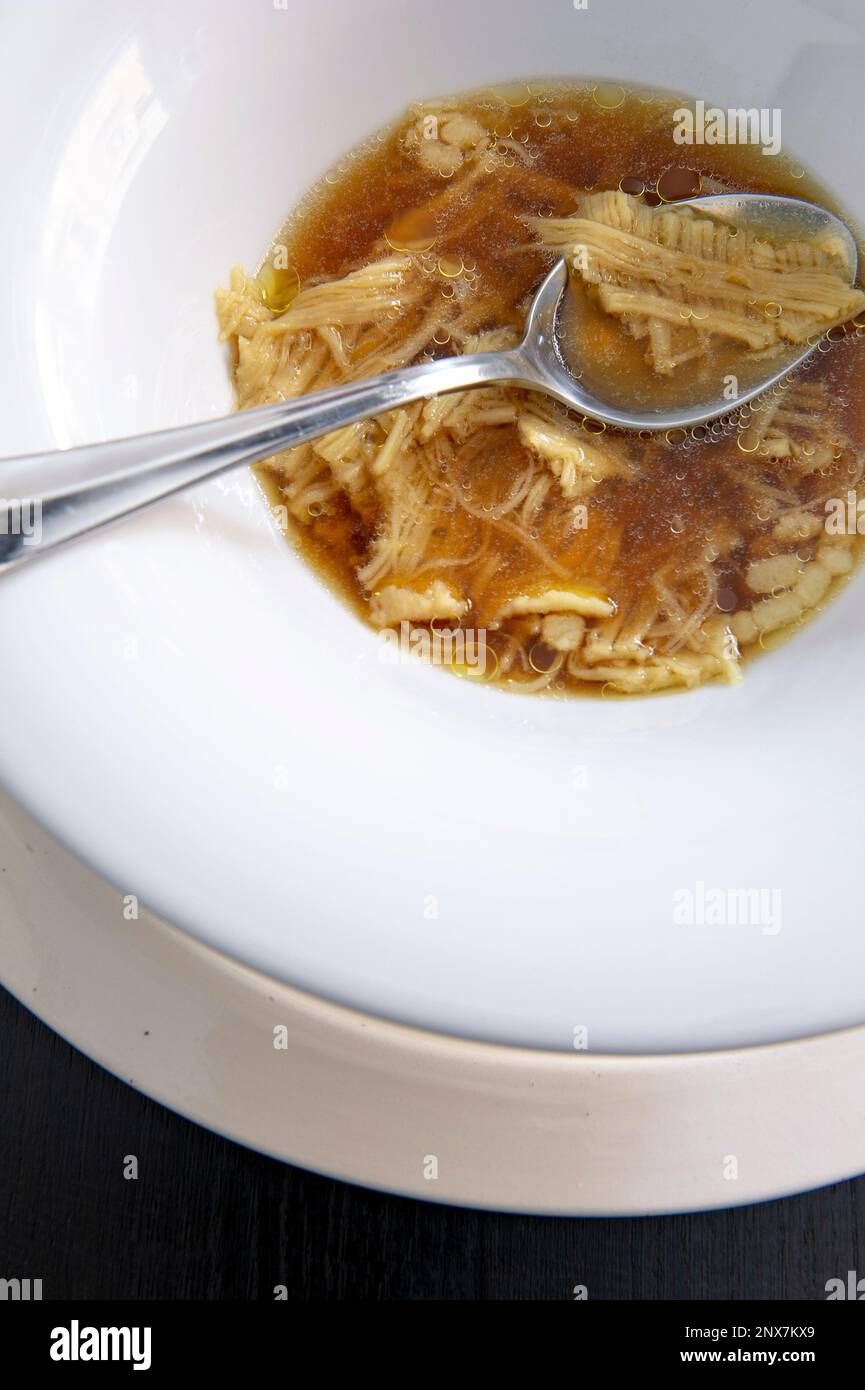 Filindeu pasta in sheep broth, a traditional recipe from the town of Nuoro, inland Sardinia, Italy Stock Photo