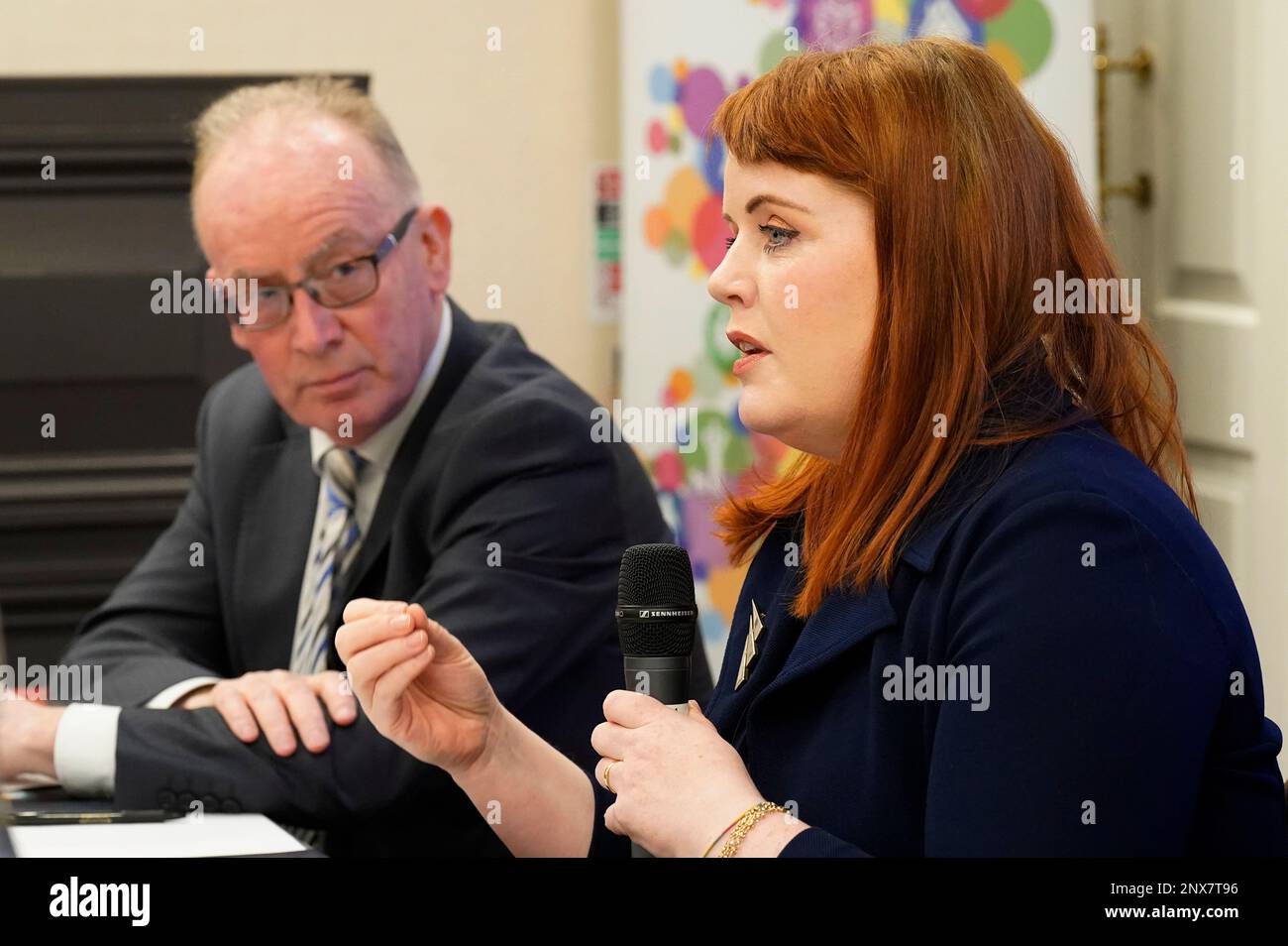 (left to right) Nessan Vaughan and TD Neasa Hourigan speaking at the launch of the St Vincent De Paul 'Warm, Safe, Connected' report in Buswells Hotel in Dublin. Picture date: Wednesday March 1, 2023. Stock Photo