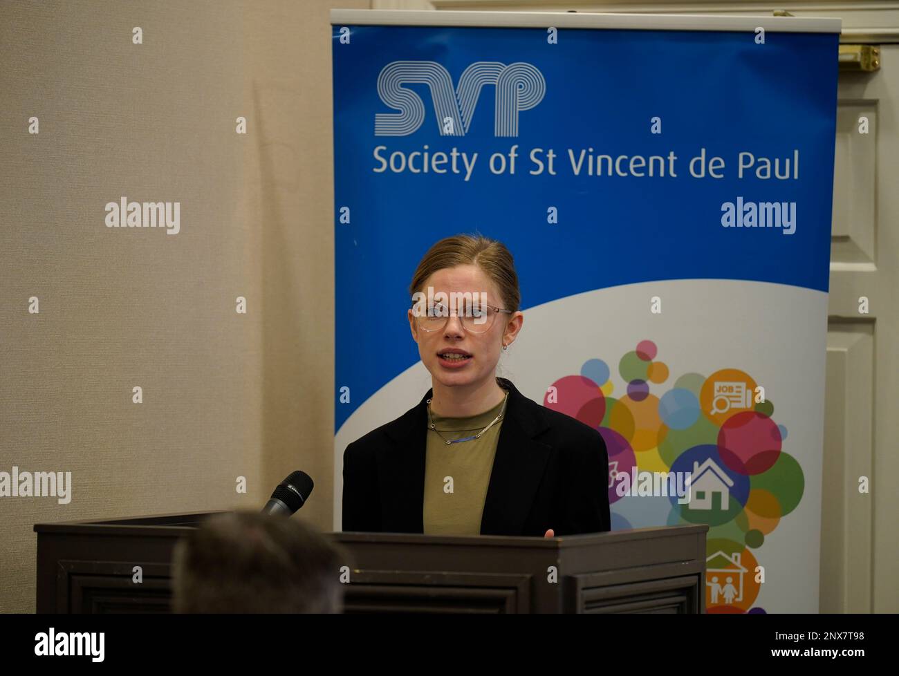 Research and Policy officer Issy Petrie speaking at the launch of the St Vincent De Paul 'Warm, Safe, Connected' report in Buswells Hotel in Dublin. Picture date: Wednesday March 1, 2023. Stock Photo