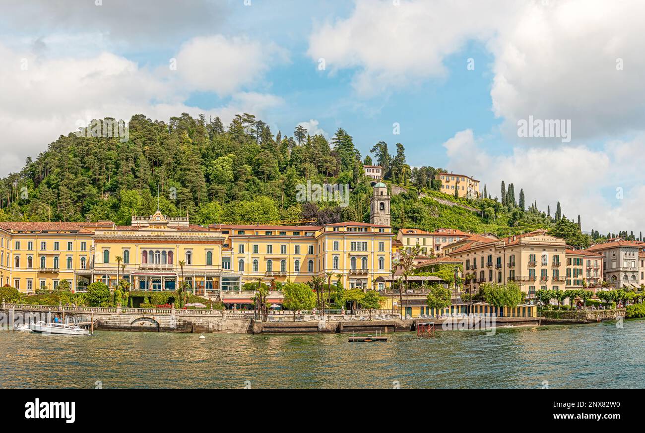 Waterfront of Bellagio at Lake Como seen from the lakeside, Lombardy, Italy Stock Photo