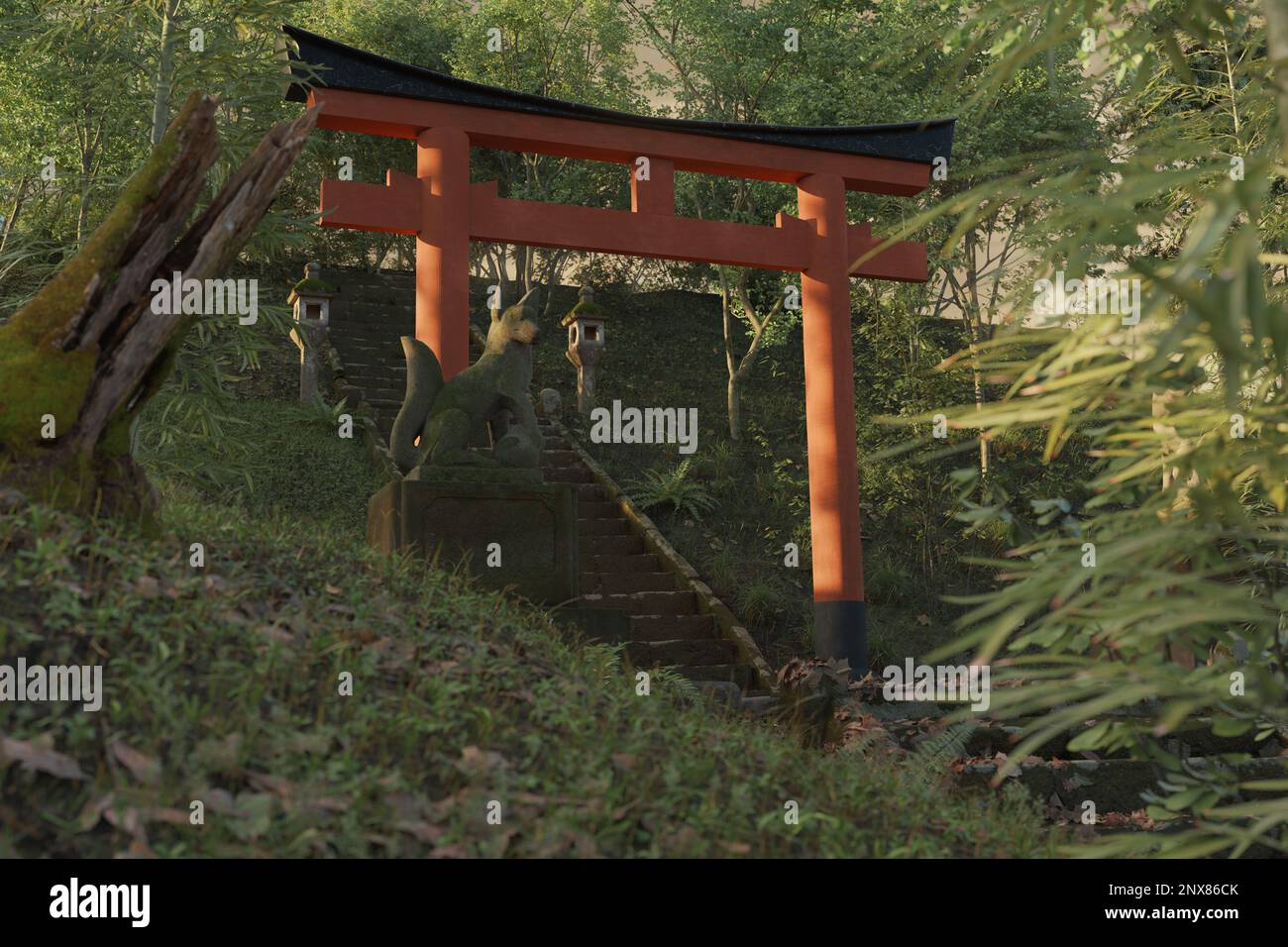 3d rendering of an old japanese shrine with red torii gate and stone