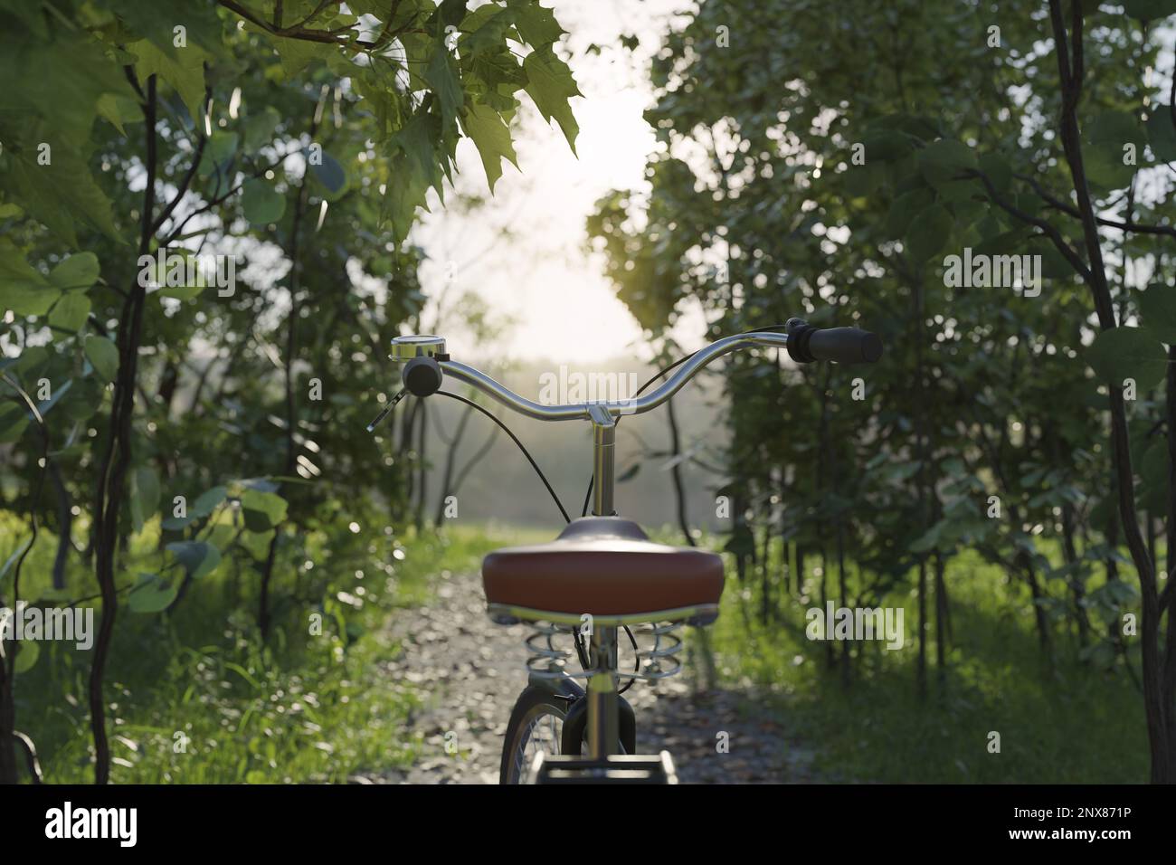 3d rendering of handlebar of bicycle in front of forest path Stock