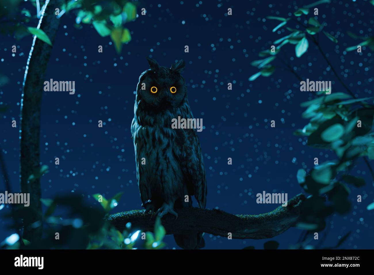 3d rendering of long eared owl sitting in the branches at night Stock Photo