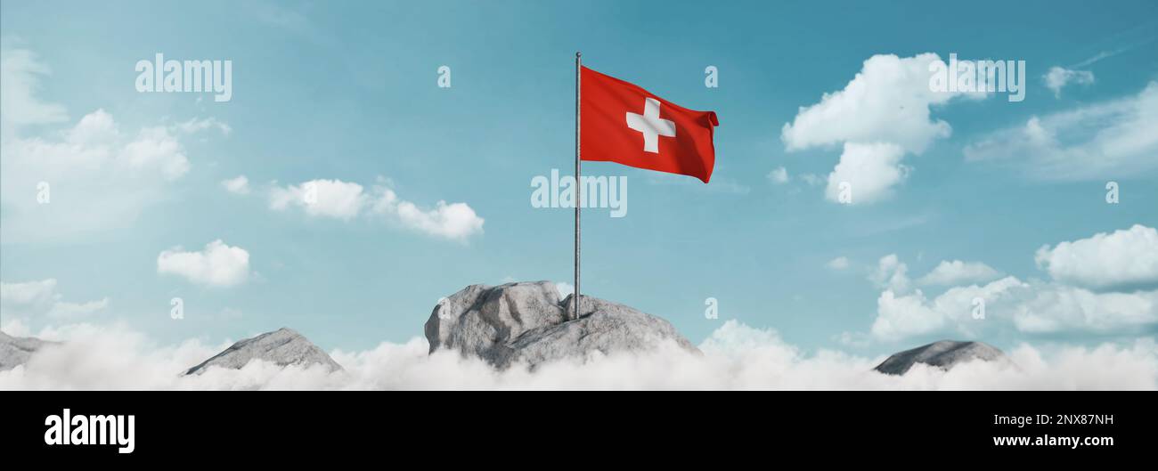 3d rendering of waving Swiss flag above sea of clouds to celebrate the national holiday of 1 august Stock Photo