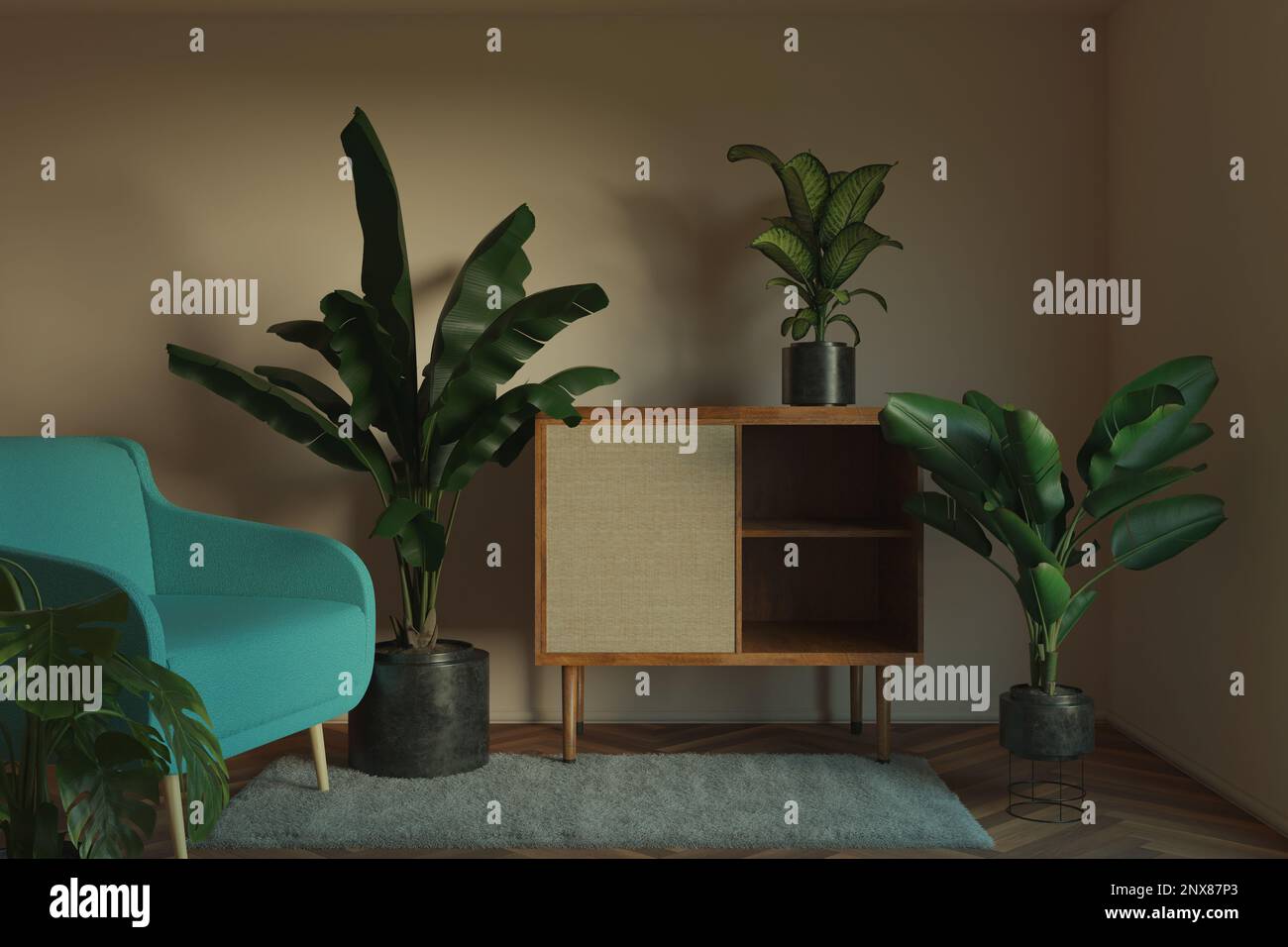 3D rendering of retro living room with exotic green plants Stock Photo