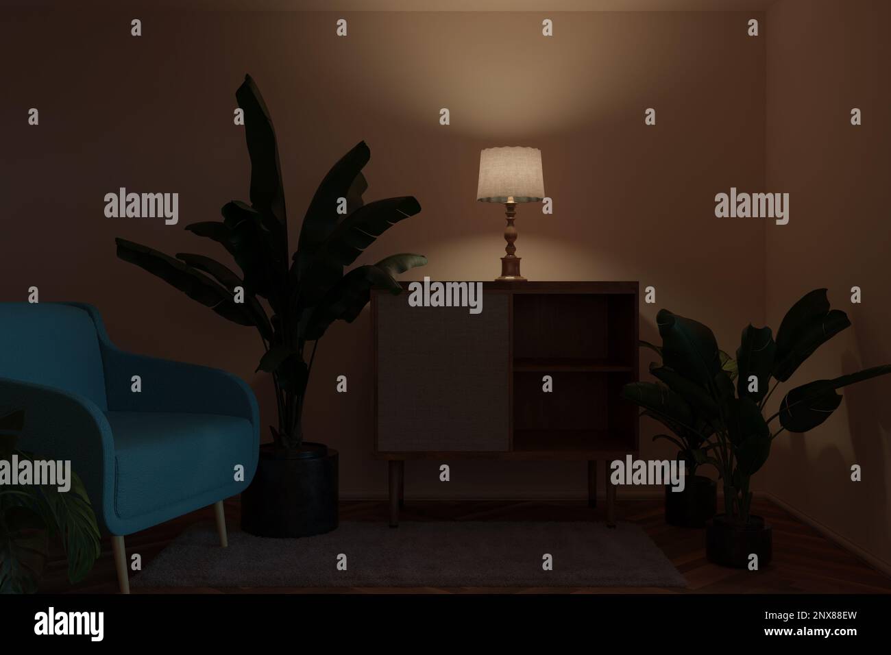 3D rendering of retro living room with exotic green plants at night Stock Photo