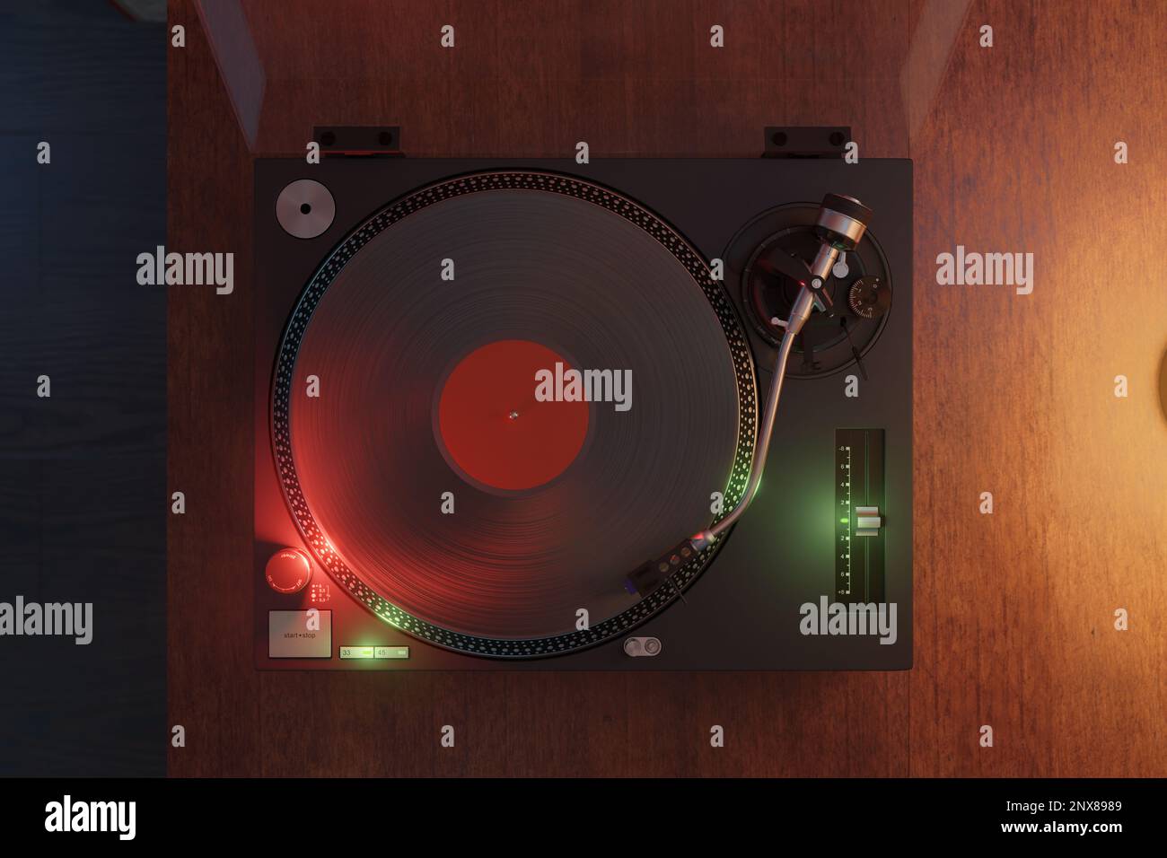 3D rendering of a switched on retro turntable from a top view Stock Photo
