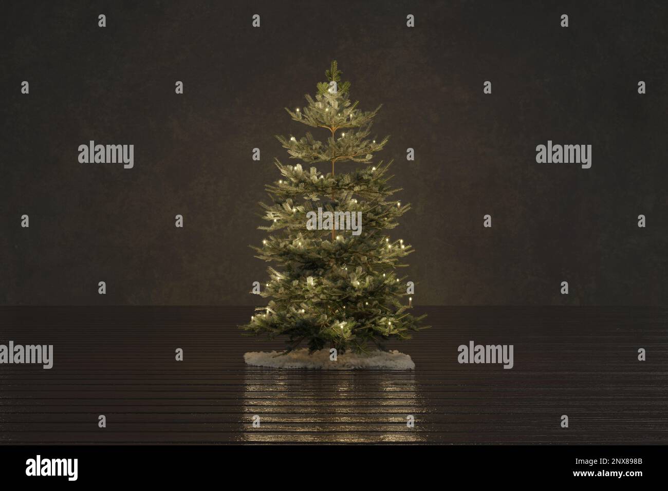 3D rendering of a Christmas tree decorated with candlelight standing in a brown room Stock Photo
