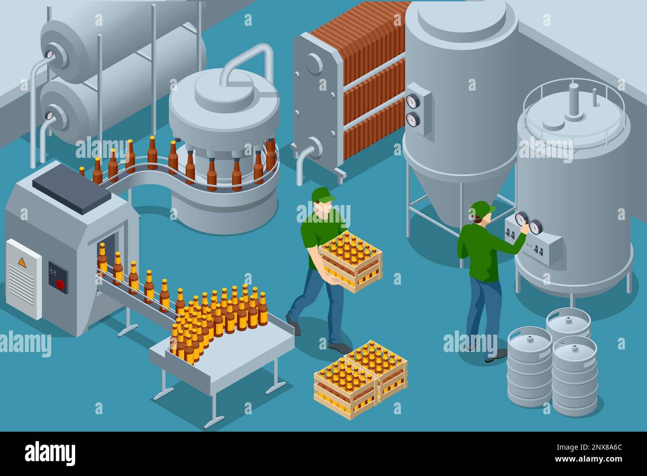 Isometric Bottler and packaging of bottles. Interior composition brewery production facility