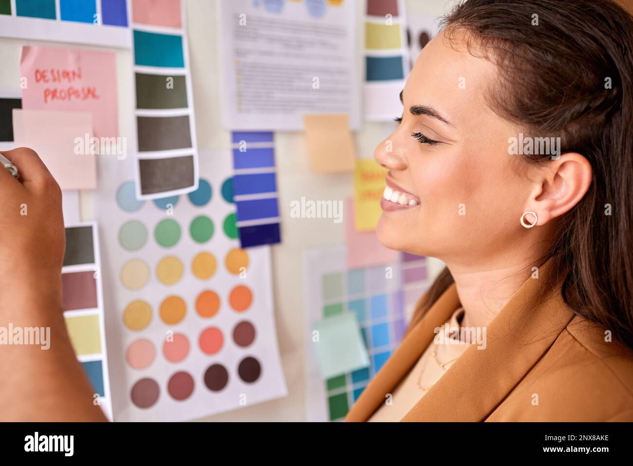 Designer, color palette and woman planning creative project, startup brand development and moodboard inspiration. Ideas, brainstorming and happy Stock Photo