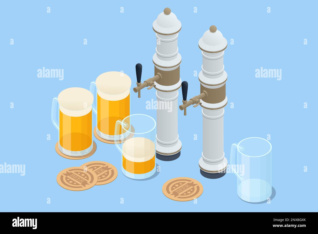 Isometric Brewery beer production, process of beer production in brewery. Stock Vector