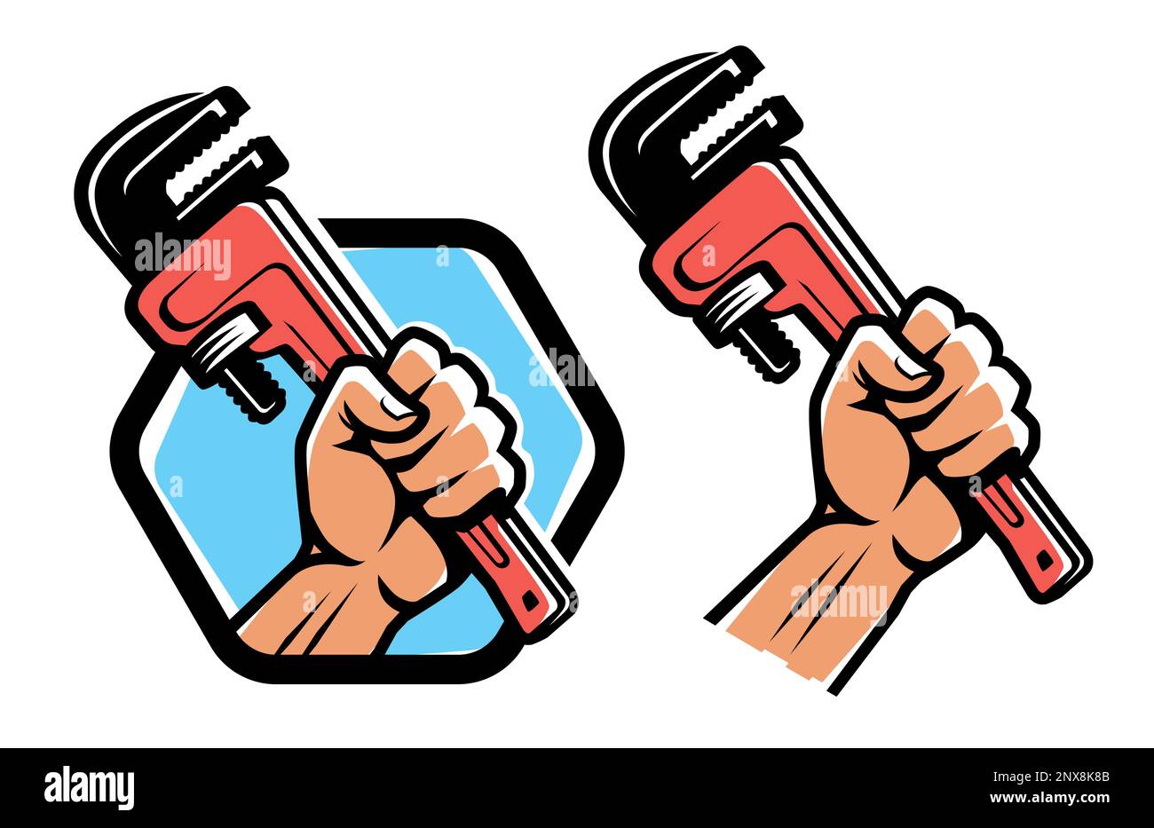 Fist holding a wrench. Workshop, technical service emblem or logo. Plumbing work Vector illustration Stock Vector