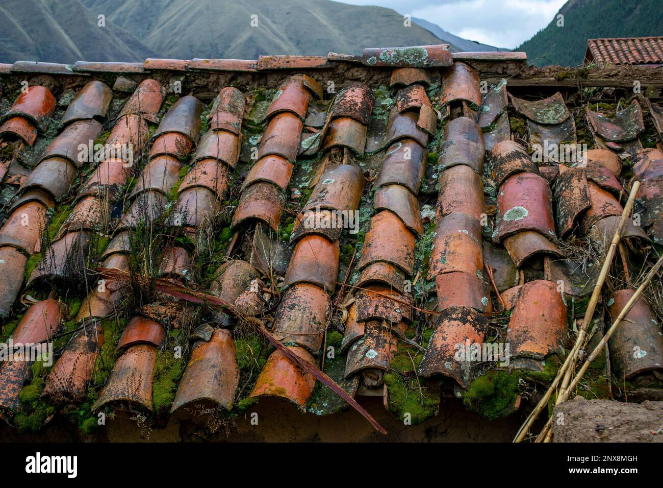 Old tiled roof of an abandoned house in a village in the Peruvian Andes. Stock Photo