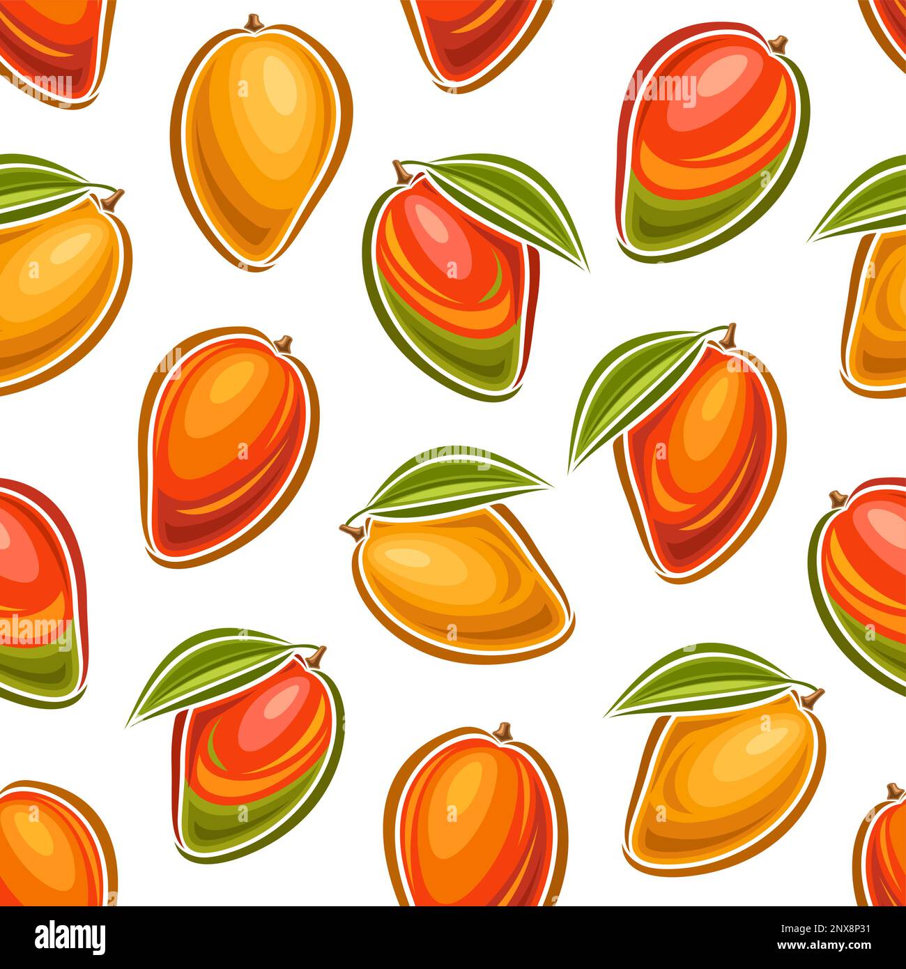 Vector Mango Seamless Pattern, square repeating background with cut out illustration of ripe