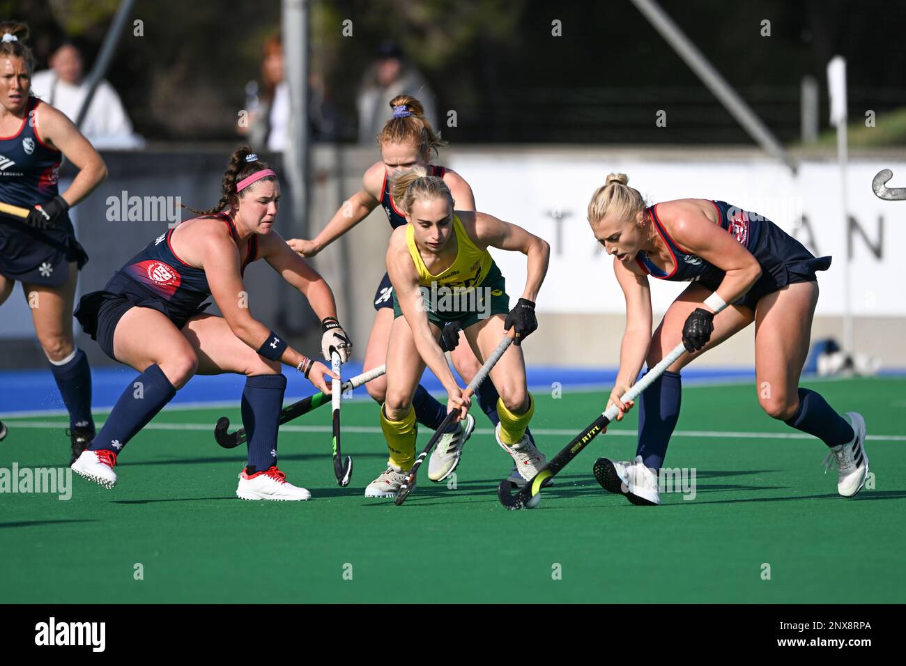 Hobart, Australia. 01st Mar, 2023. Josie Hollamon (L), Jacqueline Sumfest (R) of USA Women's National field hockey team and Hannah Cullum-Sanders (M) of Australia National Women's field hockey team in action during the 2022/23 International Hockey Federation (FIH) Women's Pro-League match between Australia and USA held at the Tasmanian Hockey Centre in Hobart. Final score USA 3:1 Australia (penalty shootout) Credit: SOPA Images Limited/Alamy Live News Stock Photo