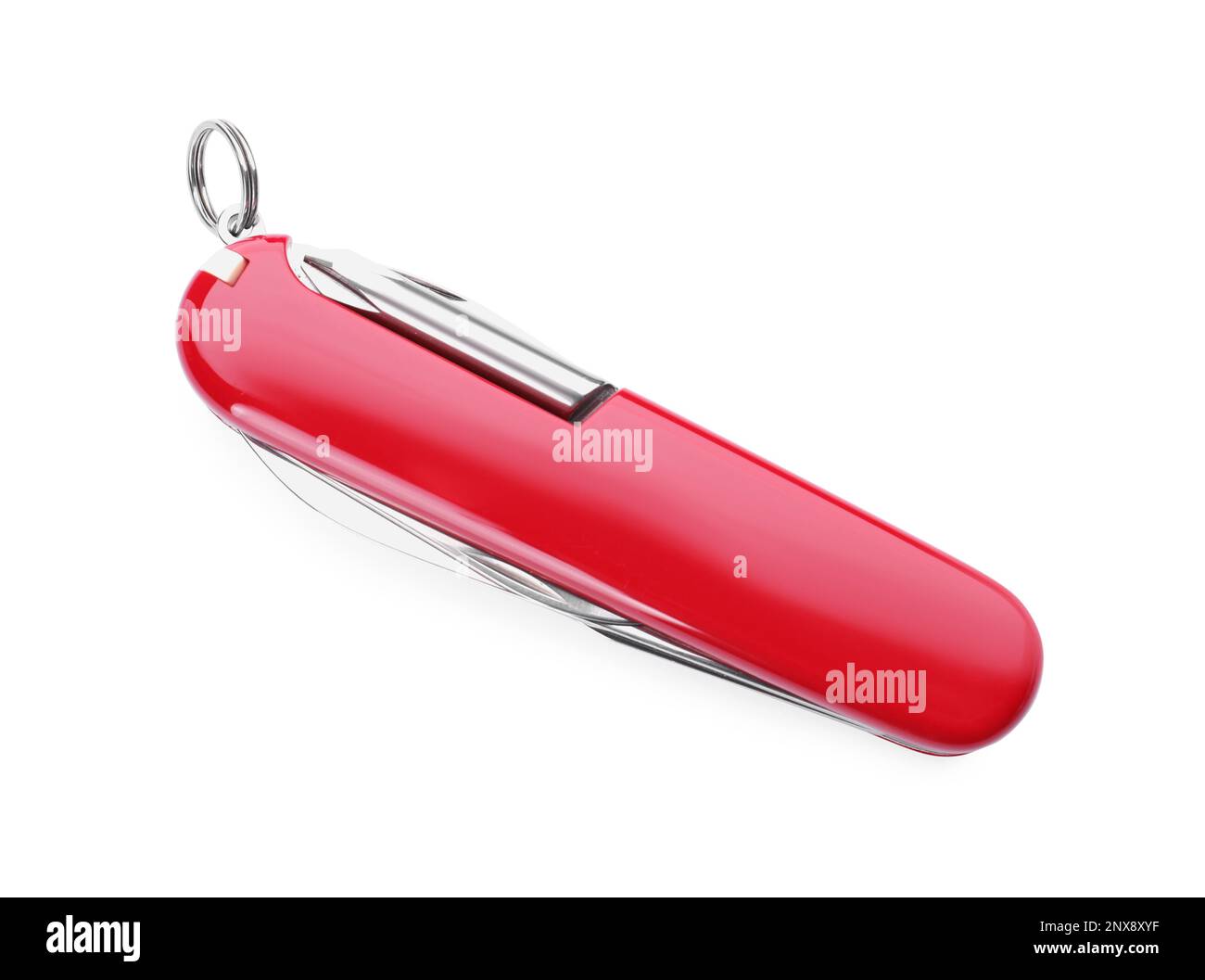 Compact portable multitool with red handle isolated on white, top view Stock Photo
