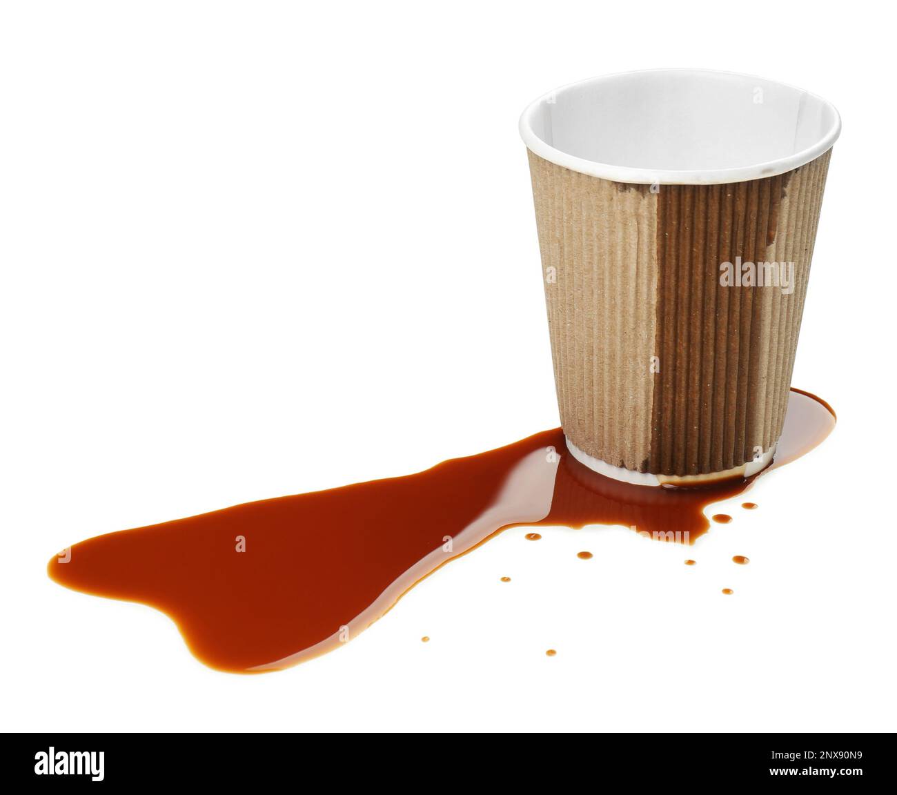 Paper cup and spilled coffee on white background Stock Photo Alamy