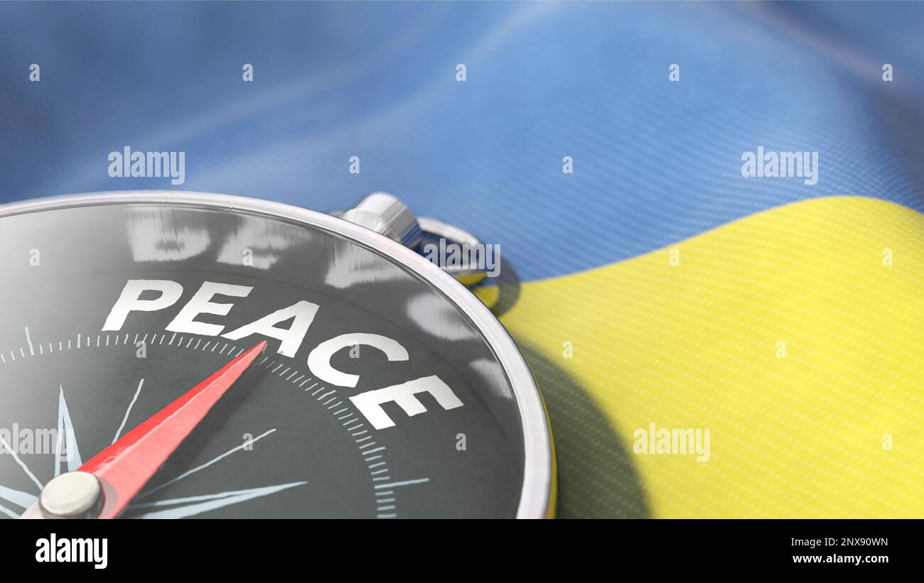 Compass on Ukraine flag - Peace for Ukraine Stock Photo