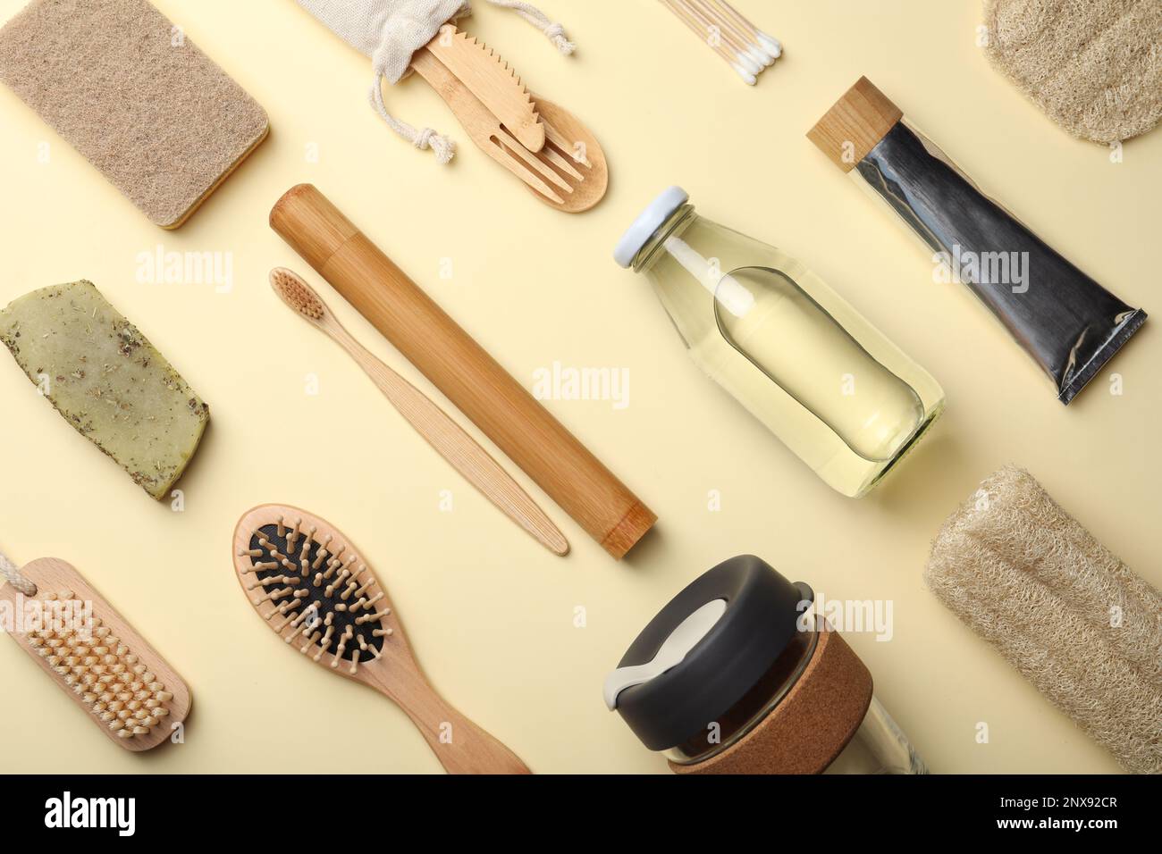 Flat lay composition with eco friendly products on beige background ...
