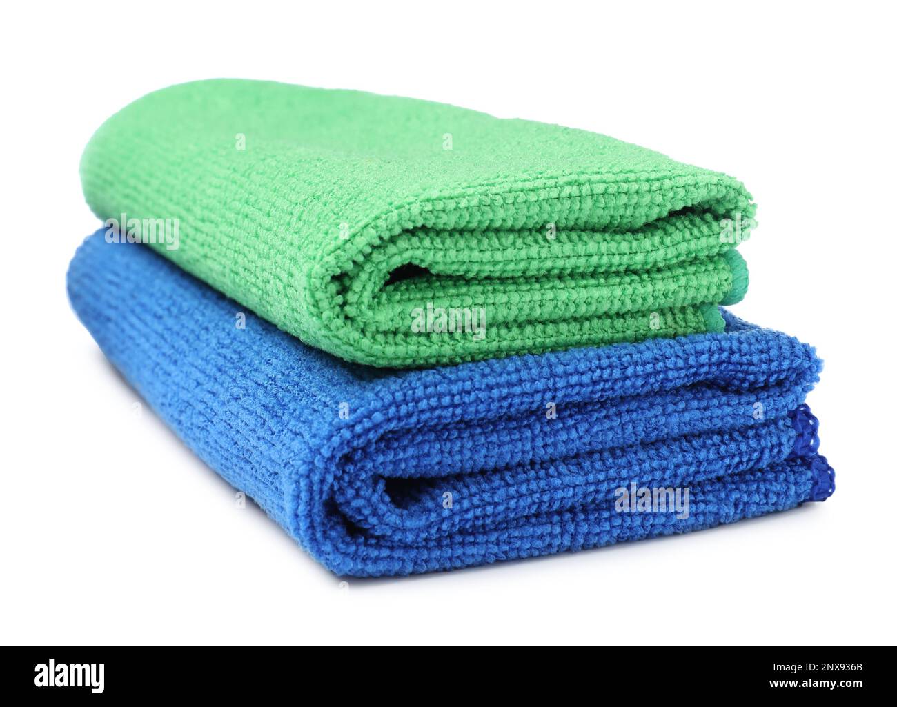 Green and blue microfiber cloths on white background Stock Photo