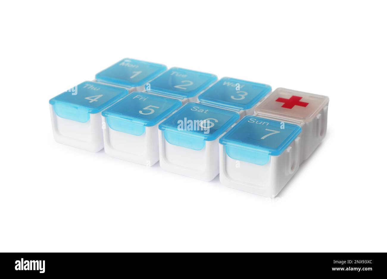 Plastic box for pills isolated on white Stock Photo