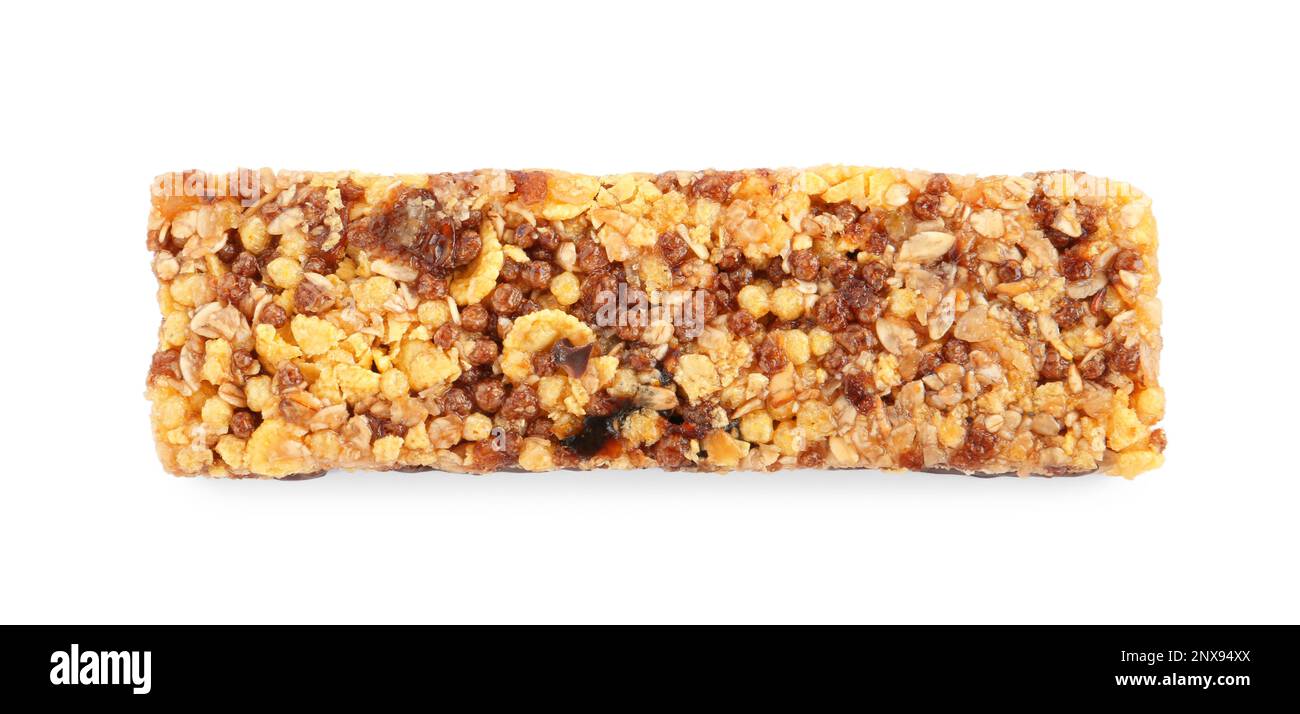 Crunchy granola bar isolated on white, top view. High protein snack
