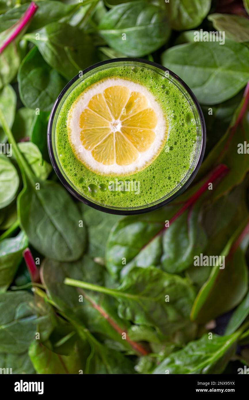 Fresh and nutritious green juice made from leafy greens Stock Photo