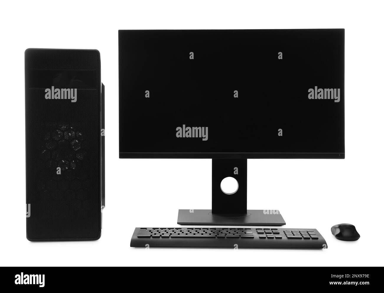 Modern computer monitor with black screen, system unit, keyboard and ...