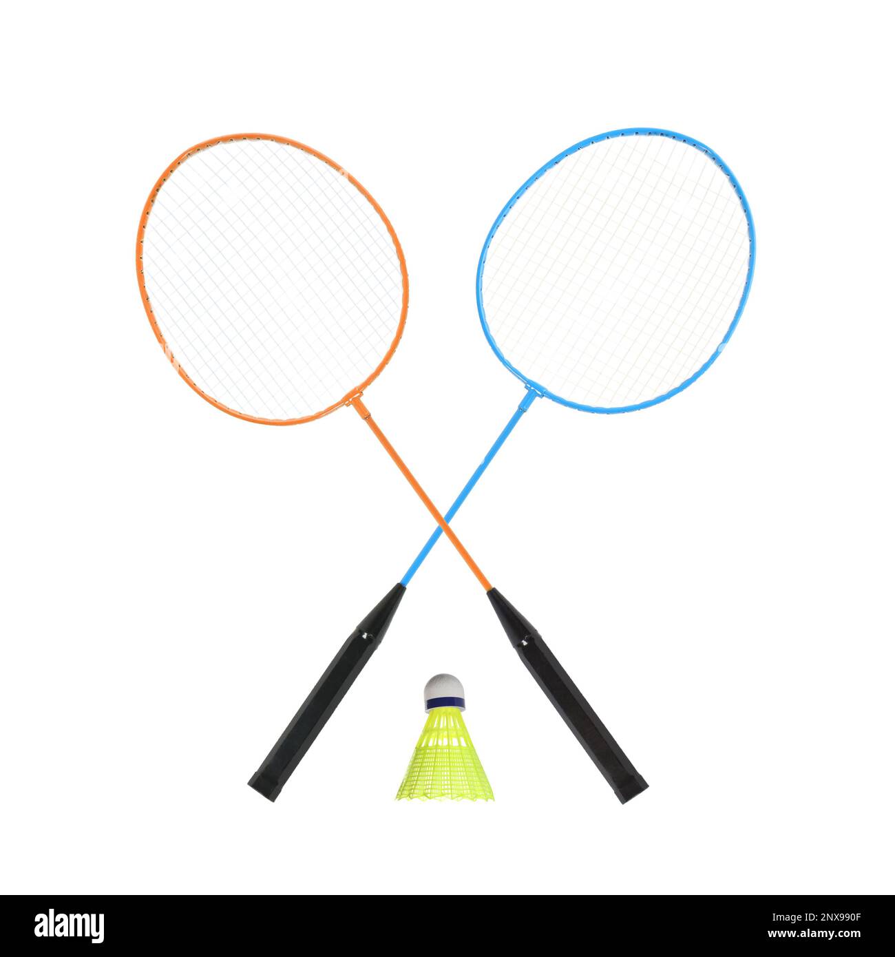 Two badminton rackets and shuttlecock on white background. Sports