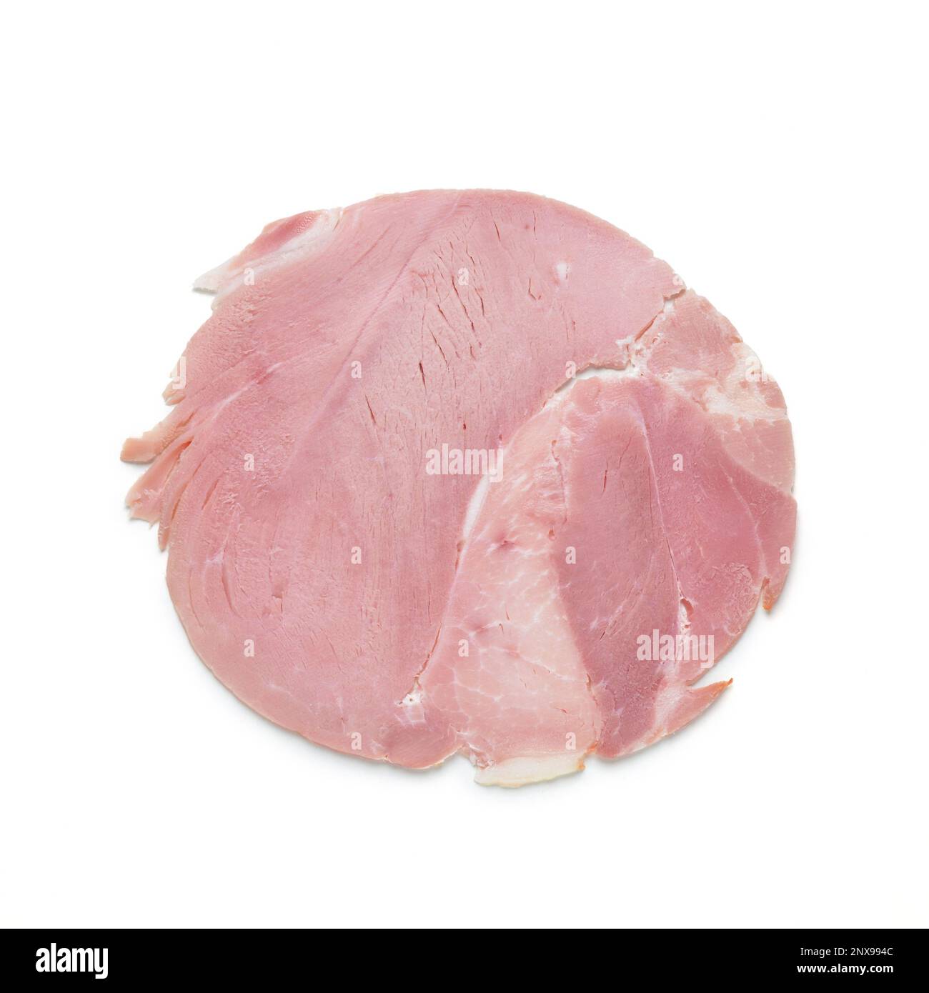 Single slice of Cured Cooked Ham from directly above isolated on white