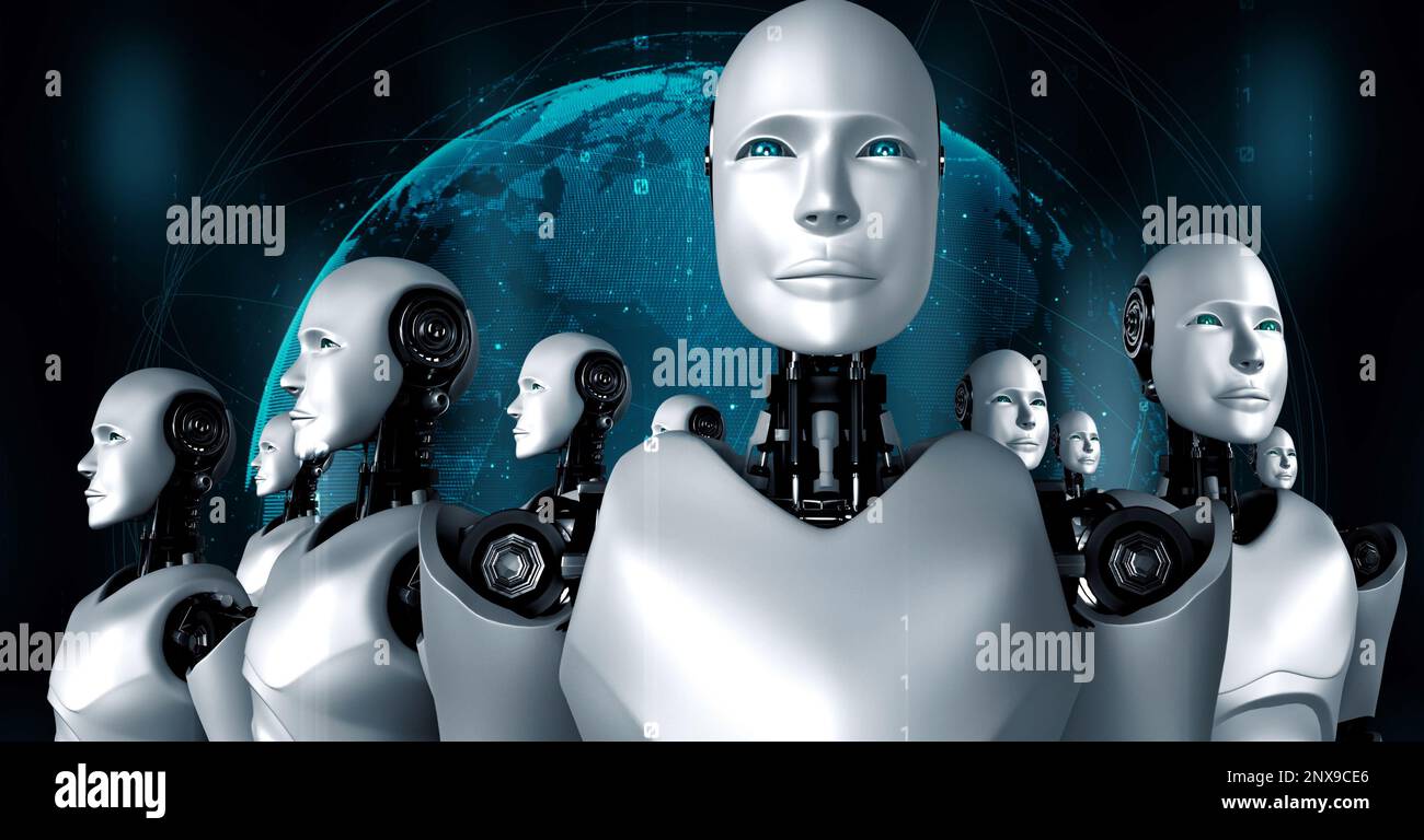 3D rendering of robot hominoid group in concept of future artificial