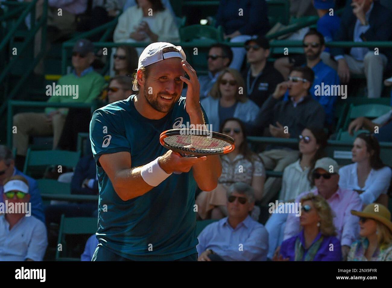 HOUSTON, TX - APRIL 15: Tennys Sandgren (USA) reacts to a shot during the  2018 US Men's Clay Court Tennis Championship match on April 15, 2018 at  River Oaks Country Club, Houston,