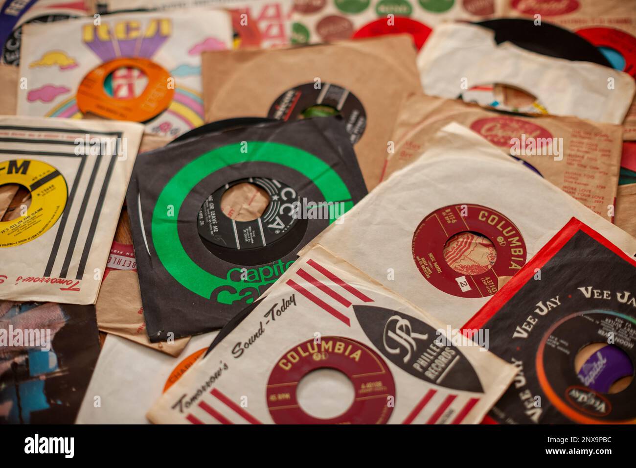 A selection of vinyl 45rpm single records.from various recording