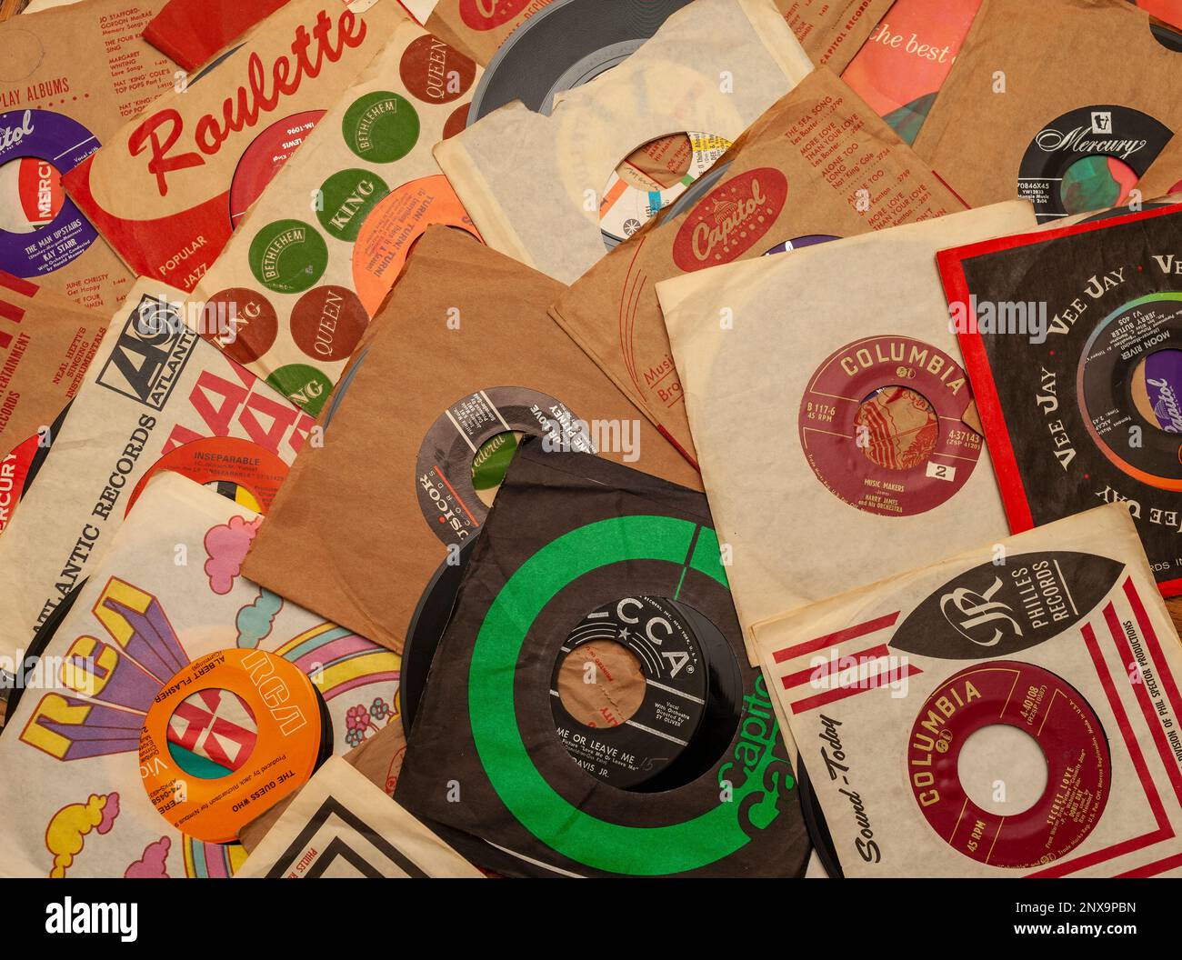 A selection of vinyl 45rpm single records.from various recording companies seen in New York on Saturday, February 25, 2023. (© Richard B. Levine) Stock Photo