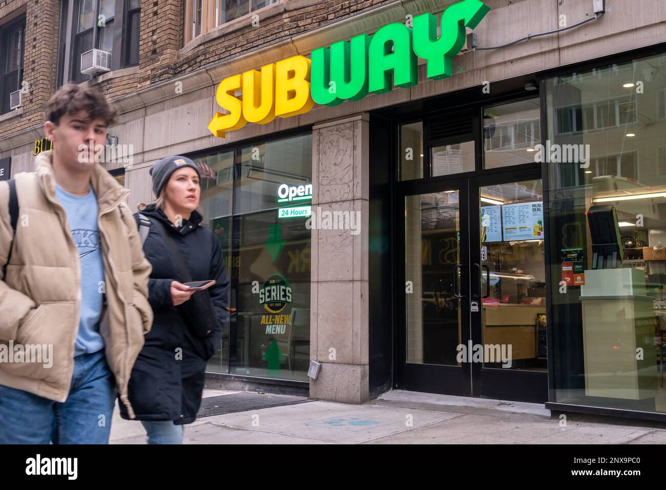 A franchise of the Subway sandwich chain in Midtown Manhattan neighborhood in New York on Sunday, February 26, 2023.  (© Richard B. Levine) Stock Photo