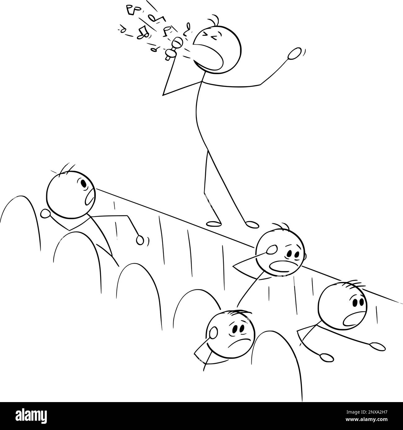 Singer Singing, Audience is Running Away , Vector Cartoon Stick Figure