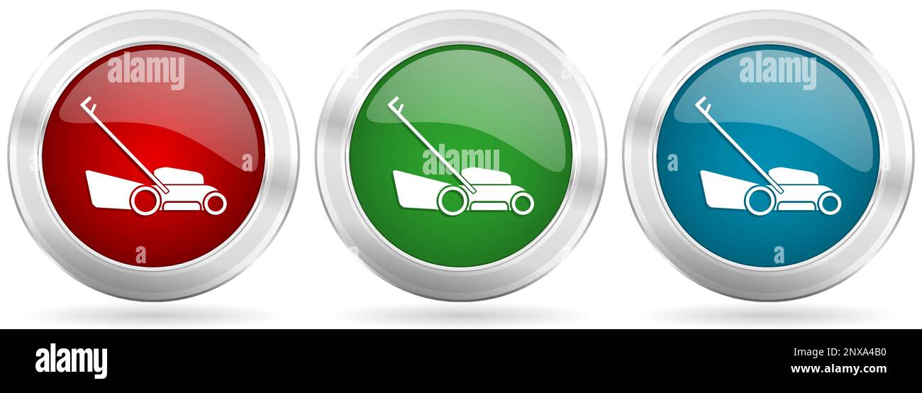 Lawn mower vector icon set. Red, blue and green silver metallic web buttons with chrome border Stock Vector