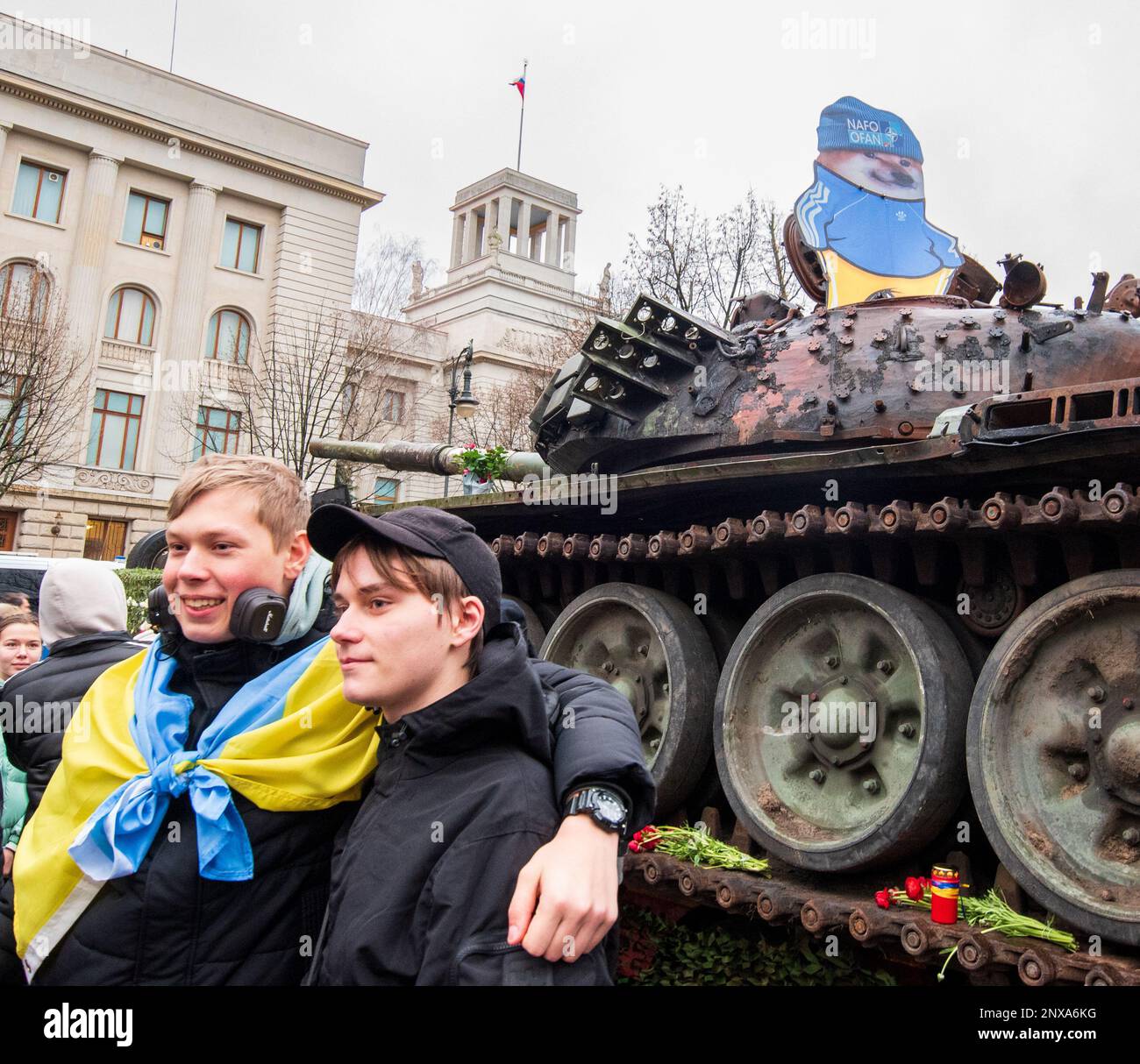 Pro Ukraine demonstration in Berlin with destroyed Russian tank on first anniversary of Russian invasion of Ukraine Stock Photo