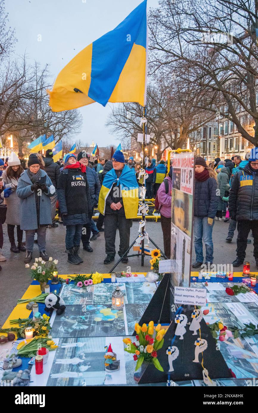 Pro Ukraine vigil outside Russian embassy in Berlin on first anniversary of Russian invasion Stock Photo