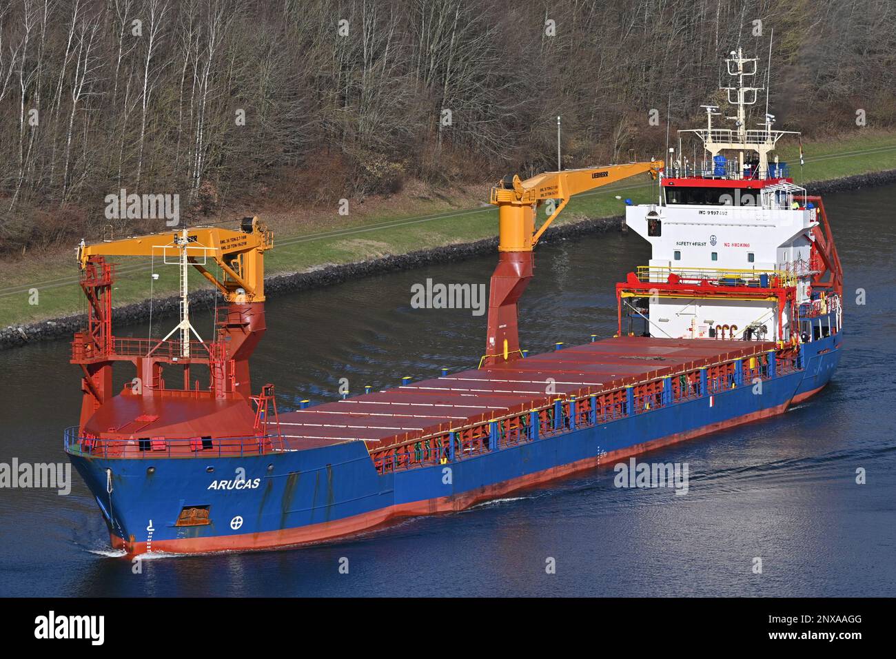 General Cargo Ship ARUCAS passing the Kiel Canal Stock Photo