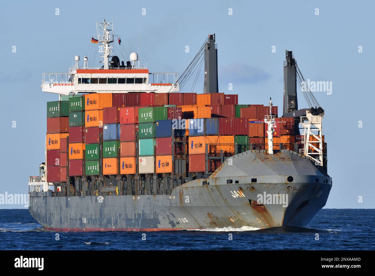 Containership JAN at the Kiel Fjord Stock Photo